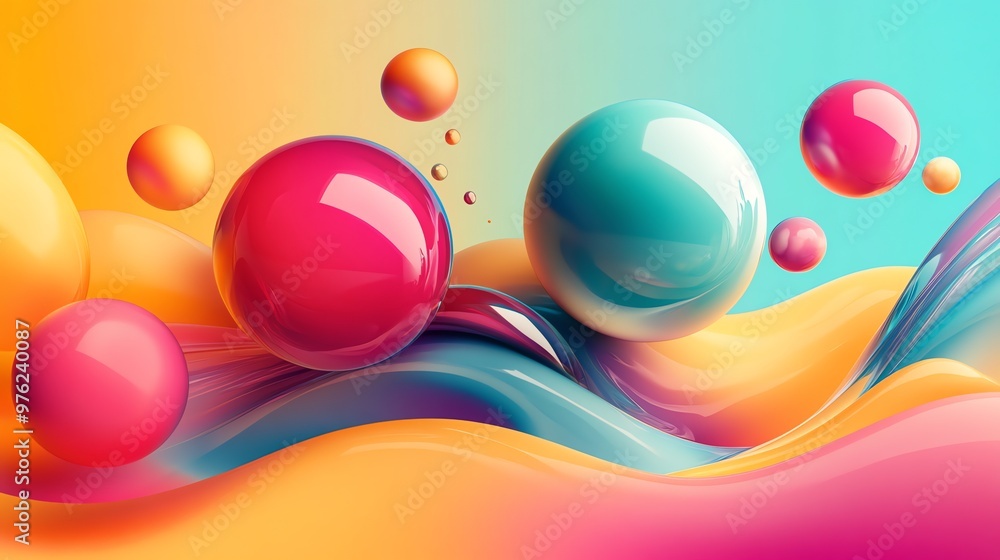 Poster abstract 3d render of colorful spheres and wavy shapes.