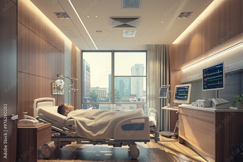 Poster a patient lies in a hospital bed, receiving care in a modern room equipped with advanced medical tec