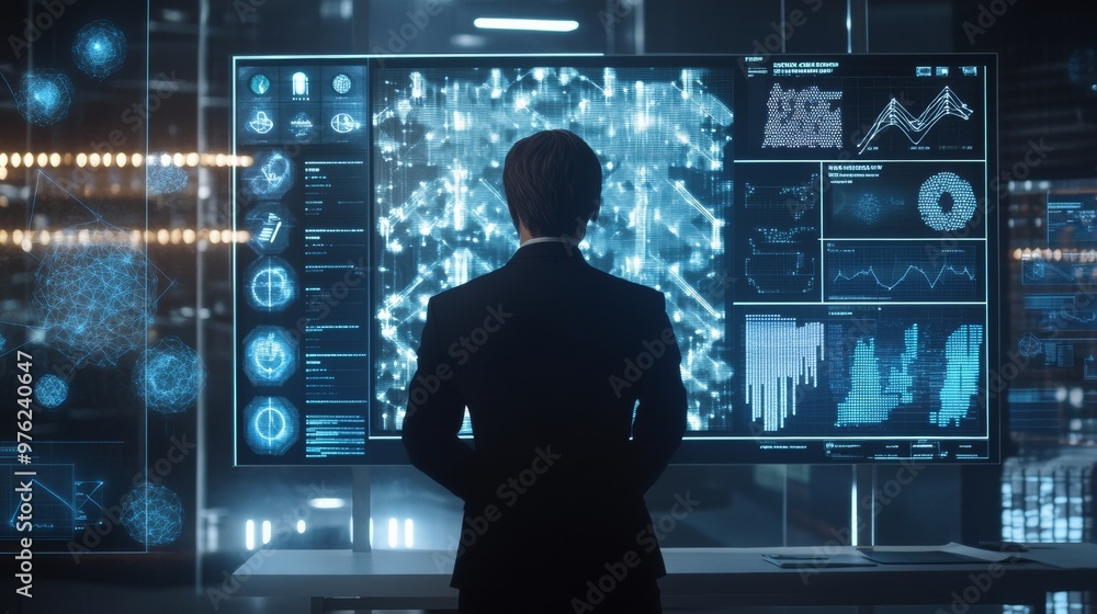 Poster businessman analyzing data on multiple monitors.