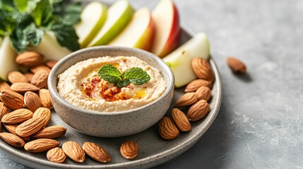 Close up of a bowl of hummus with almonds and apple slices.