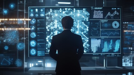Businessman Analyzing Data on Multiple Monitors.