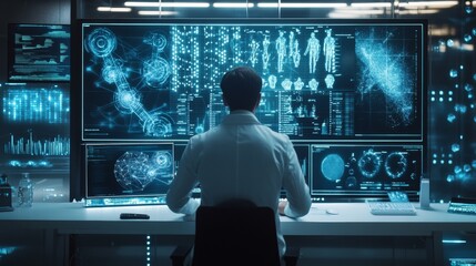 Scientist analyzing data on multiple computer screens.