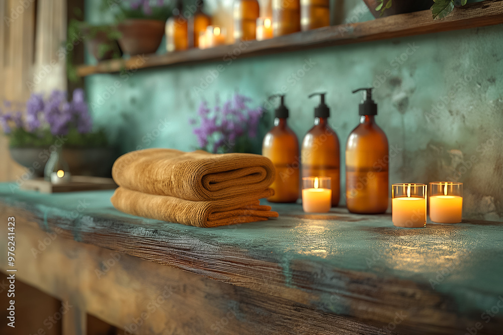 Poster a tranquil setting features neatly stacked warm towels, elegant amber bottles, and glowing candles, 
