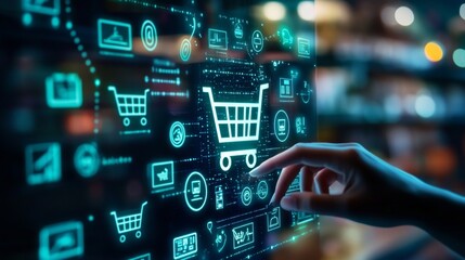 Fototapeta premium Online Shopping Experience, Hand Interacting with Digital Shopping Cart Icon.