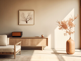 Japandi and wabi sabi inspired living room interior with wood, pottery and texture elements in neutral with autumn palette colors accent