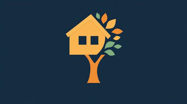 A house shaped like a treehouse with leaves on a dark blue background.