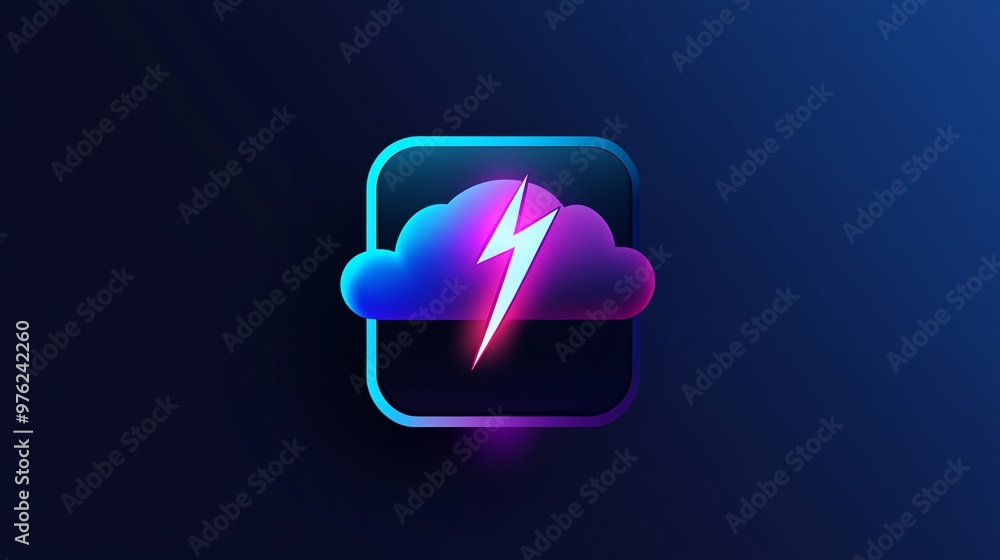 Poster a cloud computing icon with a lightning bolt in neon colors.