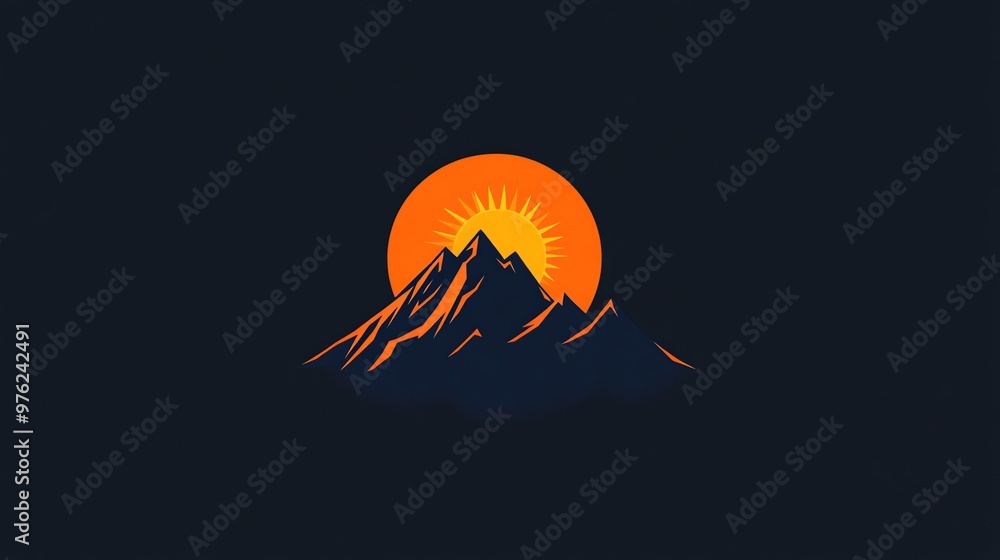 Poster simple minimalist design featuring a mountain range with the sun setting behind it.