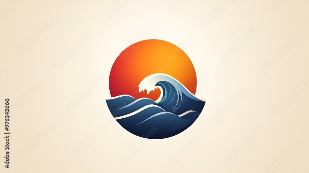 Poster a stylized wave breaking in front of a setting sun, all within a circular frame.