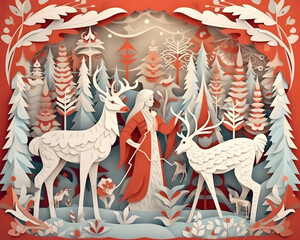 christmas winter paper art merry snow tree holiday generative Ai.