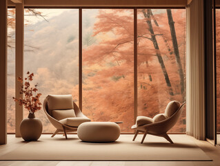 Japandi and wabi sabi inspired living room interior with wood, pottery and texture elements in neutral with autumn palette colors accent