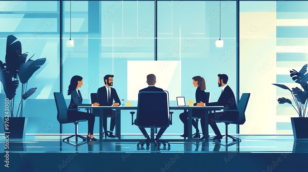 Poster a group of business professionals are gathered around a table in a modern office setting, discussing