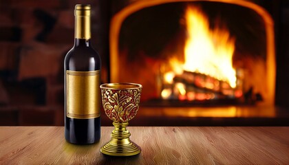 Perfect Wallpaper - Wine Glass by Fireplace for Cozy Evenings - A bottle of wine and a glass in front of a warm fireplace, perfect for creating a relaxing atmosphere.