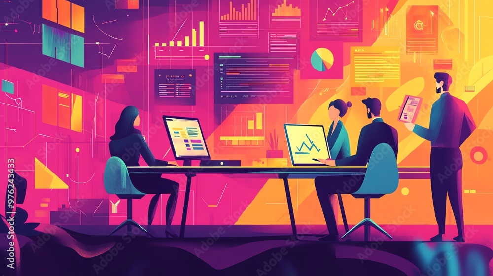 Poster a group of people working together in an office, surrounded by colorful data and graphs.