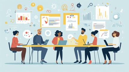 A team of diverse professionals is working on a project together, collaborating on a digital plan with charts and graphs.