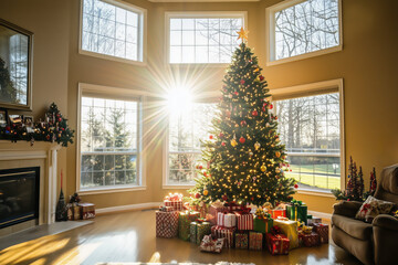 Christmas tree with golden ornaments and gifts by the window during sunset, creating a cozy festive atmosphere