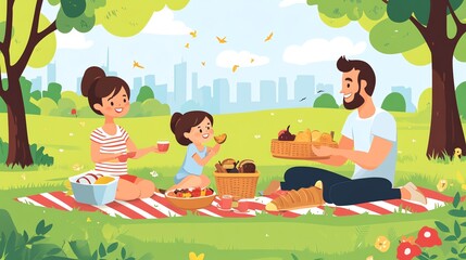 Naklejka premium Happy family having a picnic in a beautiful park, enjoying a relaxing outdoor meal together.