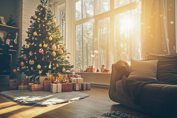 Sunlit Christmas tree with festive golden and red decorations and gift boxes in a cozy living room