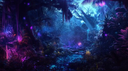 Obraz premium Enchanted Forest with Glowing Stream and Neon Plants.