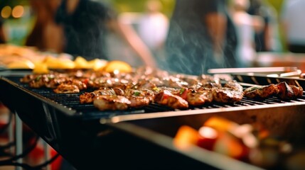 Friends gather for a cozy backyard barbecue party at dusk.
