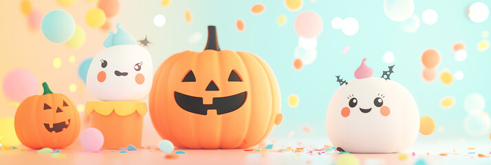 Cute 3d toothless jack o lantern pumpkin with festive balloons decorations for halloween illustration