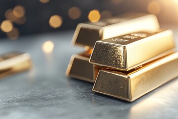Shiny Gold Bars Stacked Elegantly on a Surface With a Blurred Bokeh Background in Soft Lighting