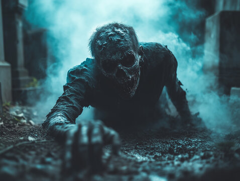 A zombie breaking out of the ground in a dark cemetery