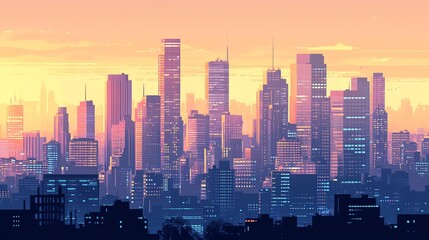 Fototapeta premium A stunning cityscape silhouette bathed in the warm glow of a setting sun.