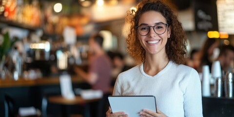 A woman wearing glasses and a white sweater stands in a bustling cafe holding a tablet and smiling, embodying a friendly and approachable ambiance.