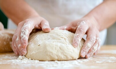 Hands Kneading Dough on a Wooden Surface in a Cozy Kitchen During the Morning