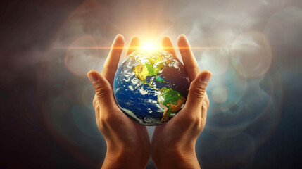 World Peace Day Banner with a hands holding the earth with the sun shining on them, international day of peace concept. World peace day