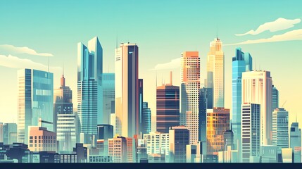 Obraz premium A colorful illustration of the city skyline at sunrise.