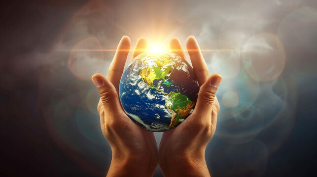 World Peace Day Banner with a hands holding the earth with the sun shining on them, international day of peace concept. World peace day