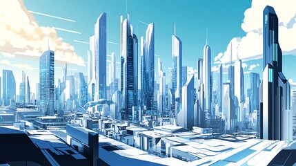 A digital illustration of a futuristic city with towering skyscrapers and a bright blue sky.