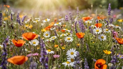 Obraz premium Vibrant Wildflower Meadow in Bloom: Daisies, Poppies, and Lavender Under Soft Sunlight