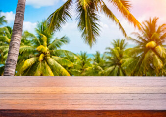 Wooden Tabletop with Blurred Palm Trees and Blue Sky Background.