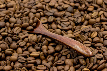 Fototapeta premium roasted coffee beans with a wooden spoon taken in close-up