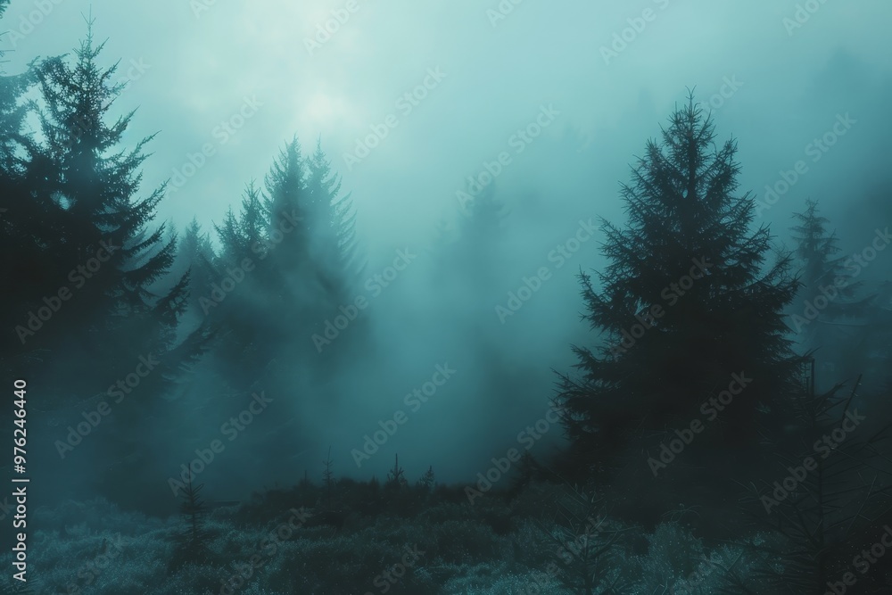 Poster a dense fog blankets a forest filled with towering trees during the early morning hours, creating an