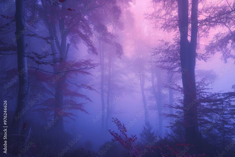 Aufkleber a tranquil forest shrouded in mist, with towering trees creating an ethereal landscape as the mornin