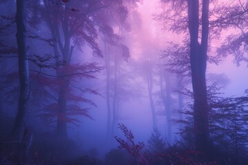 A tranquil forest shrouded in mist, with towering trees creating an ethereal landscape as the morning light filters through in soft hues.