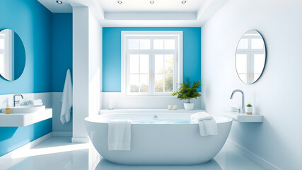 Fototapeta premium Interior of modern bathroom with blue walls, white bathtub and round mirror. 3d rendering