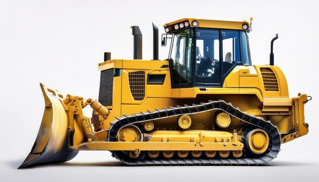 Heavy yellow bulldozer on a white background, ideal for construction and machinery-related projects.