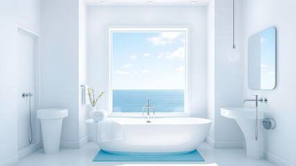 Fototapeta premium Bathroom with white walls, blue bathtub, panoramic window and sea view.
