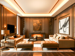 Fototapeta premium 3d rendering luxury living room with fireplace and sofas.