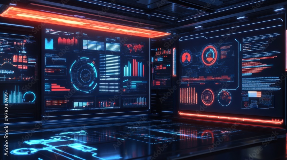 Poster futuristic control room with data visualization.