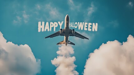 Airplane Writing in the Sky with Smoke the Phrase "Happy Halloween", Abstract Image, Texture, Pattern Background, Wallpaper, Cover and Screen for Smartphone, PC, Laptop, 9:16 and 16:9 Format