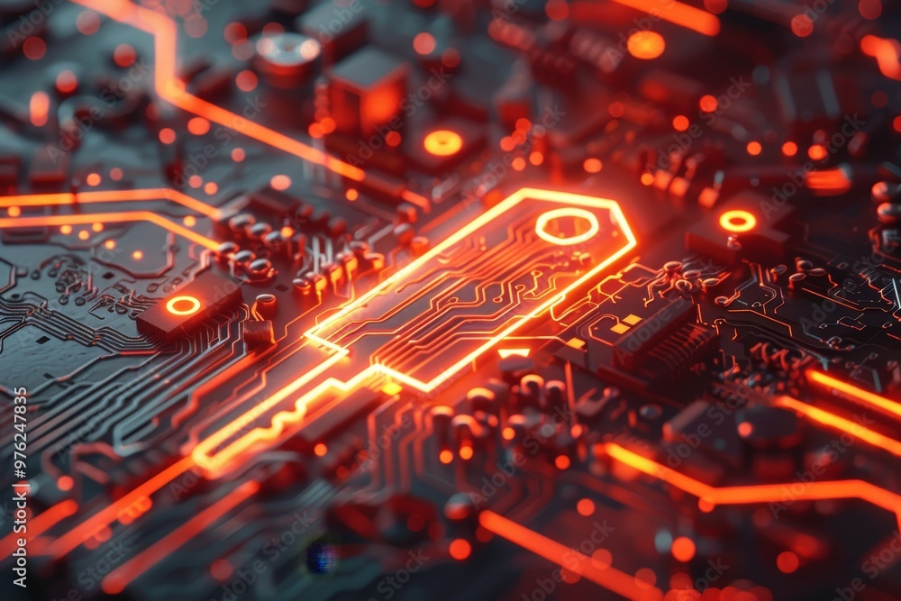 Poster the circuit board displays complex patterns highlighted by vivid orange lines, emphasizing the theme