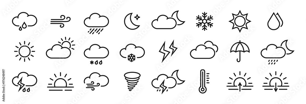 Wall mural weather line icon set with editable stroke. simple outline collection of meteorology symbols. foreca