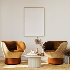 Mock up poster i minimalism Scandinavian cozy interior, 3d illustration.
