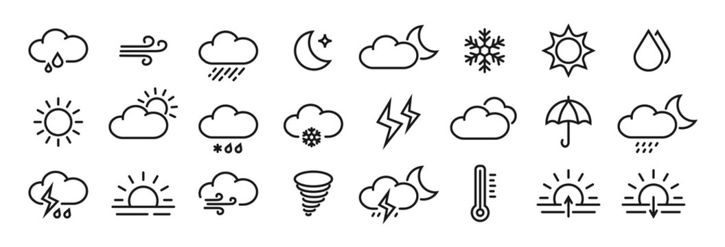 Weather line icon set with editable stroke. Simple outline collection of meteorology symbols. Forecast icons. Vector illustration.
